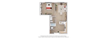 A floor plan of a house with a kitchen, living room, dining room, and bathroom.
