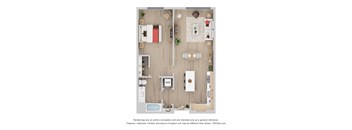 A floor plan of a house with a kitchen, living room, dining room, and bathroom.