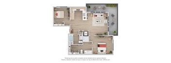A 3D floor plan of a house with a kitchen, living room, and bathroom.