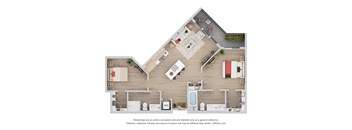 A 3D floor plan of a house with a kitchen, living room, and bathroom.