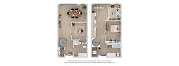 A floor plan of a house with two bedrooms, a living room, a kitchen, a bathroom, and a dining area.