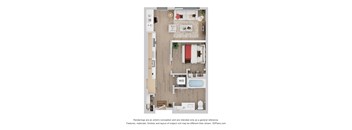 A floor plan of a house with a living room, dining room, kitchen, and bathrooms.