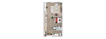 A floor plan of a small apartment with a living room, kitchen, and bathroom.