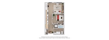 A floor plan of a house with a kitchen, living room, and bathroom.