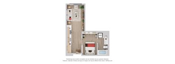 A floor plan of a two-bedroom apartment with a living room, kitchen, and bathroom.