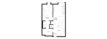 A floor plan of a house with a bedroom, living/dining room, kitchen, bath, and entry.