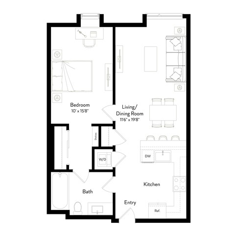 A floor plan of a house with a bedroom, living/dining room, kitchen, bath, and entry.