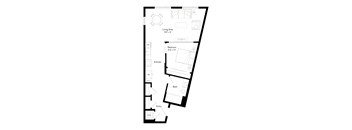 A floor plan of a house with a living area, bedroom, kitchen, bath, entry and a workshop.