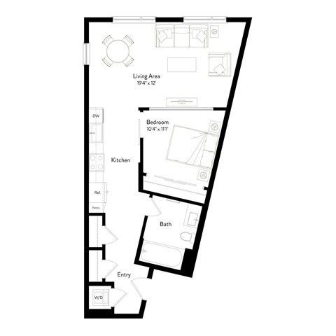 A floor plan of a house with a living area, bedroom, kitchen, bath, entry and a workshop.