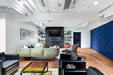 A living room with a green couch and a television.