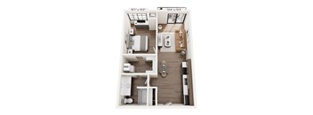 A floor plan of a small apartment with two bedrooms, a living room, and a kitchen.