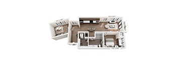 A 3D floor plan of a small apartment with a kitchen, living room, and bathroom.