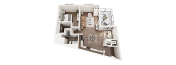 A 3D floor plan of a small apartment with a kitchen, living room, and bathroom.