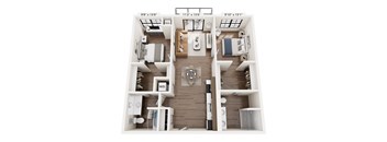 A top down view of a two bedroom apartment with a living room, kitchen and bathroom.