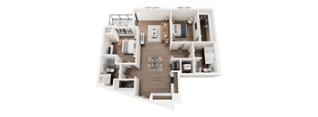 A 13'11" x 13'5" floor plan of an apartment with a kitchen, living room, and two bedrooms.