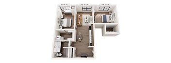 A floor plan of a two bedroom apartment with a living room, kitchen, and bathroom.