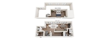 A floor plan of a two-story apartment with a living room, kitchen, and bedrooms.