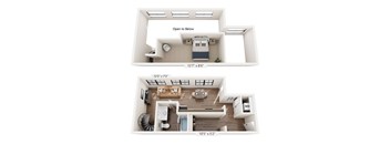 A floor plan of a two-story apartment with dimensions and a label "Open to Below".