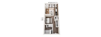 A white floor plan of a small apartment with a bedroom, bathroom, and kitchen.