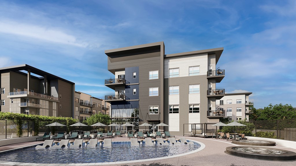 a rendering of an apartment building with a pool in the foreground