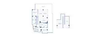 A blueprint shows the layout of a house with two floors, including bedrooms, a living area, a dining area, a kitchen, bathrooms, and an entry point.