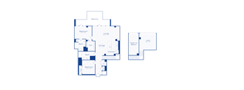 A floor plan of a house with a balcony, two bathrooms, a living area, a kitchen, and two bedrooms.