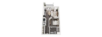 A top down view of a small apartment with a kitchen, living room, and bathroom.