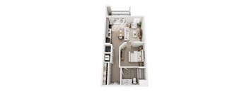 A floor plan of a small apartment with a kitchen, living room, and bathroom.