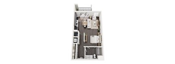 A top down view of a small apartment with a kitchen, living room, and bathroom.