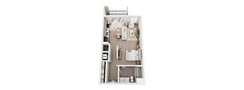 A top-down view of a small apartment with a kitchen, living room, and bathroom.