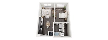 A top-down view of a small, neatly organized living space with a kitchen, dining area, and bedroom.
