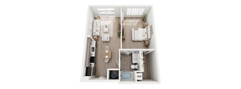 A top-down view of a small, neatly organized living space with a kitchen, dining area, and two bedrooms.