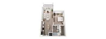A top down view of a small apartment with a kitchen, living room, and bathroom.