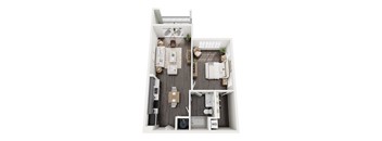 A top down view of a small apartment with a kitchen, living room, and bathroom.