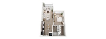 A floor plan of a small apartment with a kitchen, living room, and bathroom.