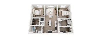 A top-down view of a well-organized apartment with a kitchen, living room, and bathroom.