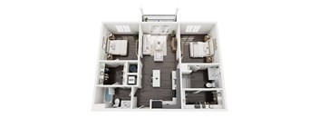 A top-down view of a two-bedroom apartment with a living room, kitchen, and bathroom.