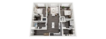 A top-down view of a well-organized apartment with a kitchen, living room, and bedrooms.