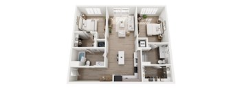 A top-down view of a well-organized apartment with a kitchen, living room, and bedrooms.