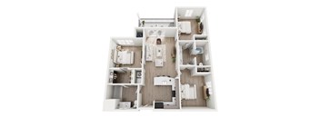 A white floor plan of a house with a kitchen, living room, and bedrooms.
