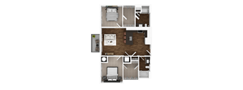 A detailed 3D floor plan of a house layout.