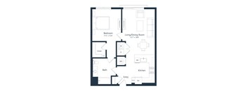 A floor plan of a small apartment with a bedroom, living/dining room, kitchen, bath, and entry.