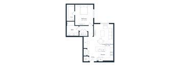 A floor plan of a house with a bedroom, bathroom, living/dining room, and kitchen.