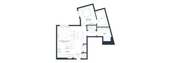 A floor plan of a home with a living room, dining room, kitchen, bedroom, bathroom, and closet.