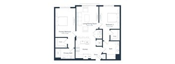 A floor plan of a house with a living/dining room, kitchen, two bedrooms, a bathroom, and a primary bath.