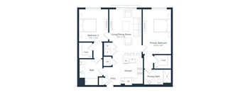A floor plan of a house with three bedrooms, a living/dining room, a kitchen, a bath, and an entry.