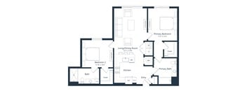 A floor plan of a house with a living room, two bedrooms, a kitchen, and a bathroom.