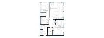 A floor plan of a house with a living/dining room, kitchen, and three bedrooms.