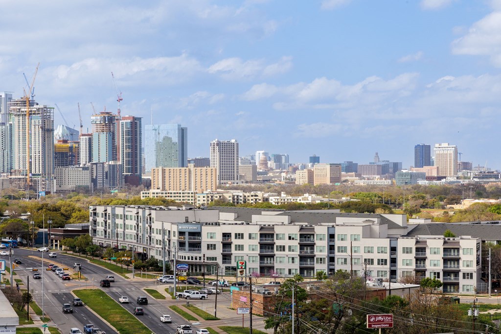 a view of the city skyscrapers in the distance with a