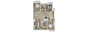 A floor plan of an apartment with a kitchen, living room, and two bedrooms.